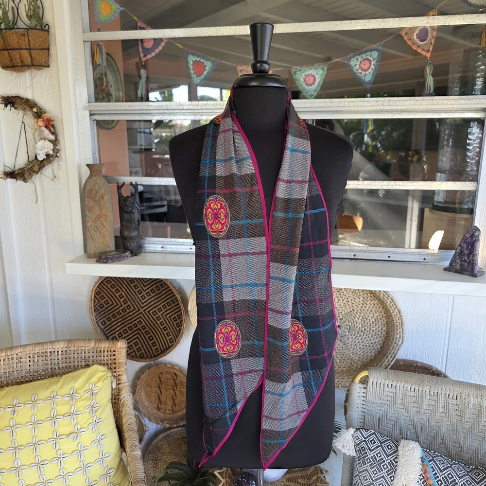 Vintage Silk Albert Nipon Plaid Scarf with Pink and Blue Accents Retro Boho